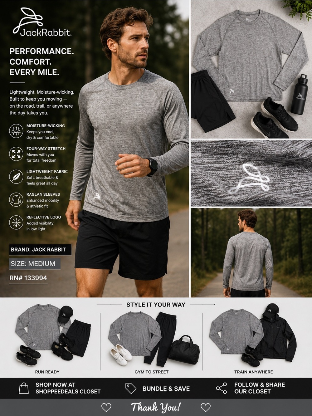 JackRabbit Men’s Performance Long Sleeve Running Shirt | Gray Heather